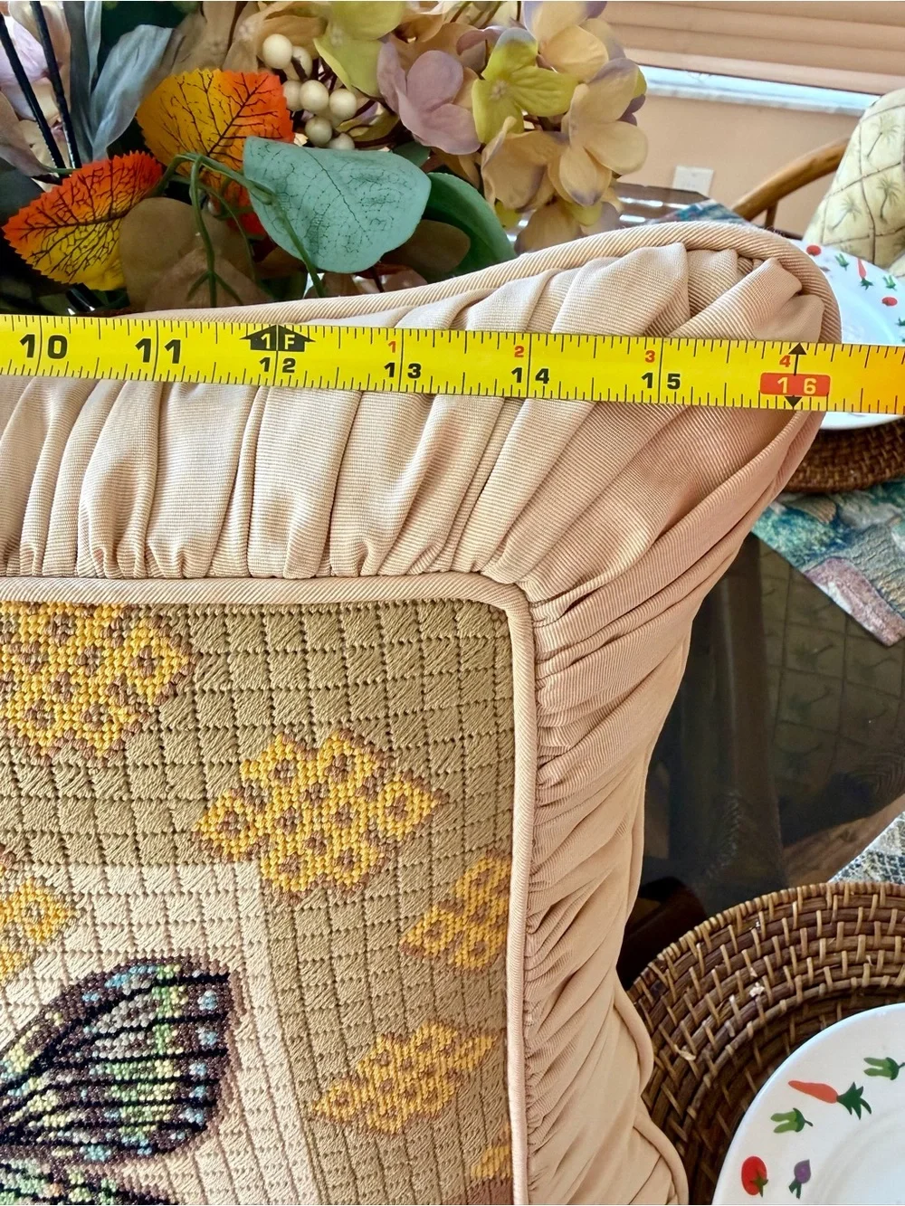 Handcrafted Butterfly Needlepoint Throw Pillow Cover Ruched Taffeta Zipper